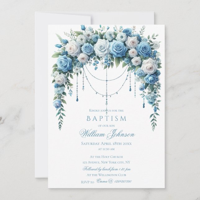 Blue Rose & Silver Cross Baptism Invitation Einladung (Vorderseite)