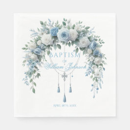 Blue Rose & Silver Cross Baptism Napkins Serviette