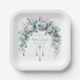 Blue Rose & Silver Cross Baptism Paper Plate Pappteller