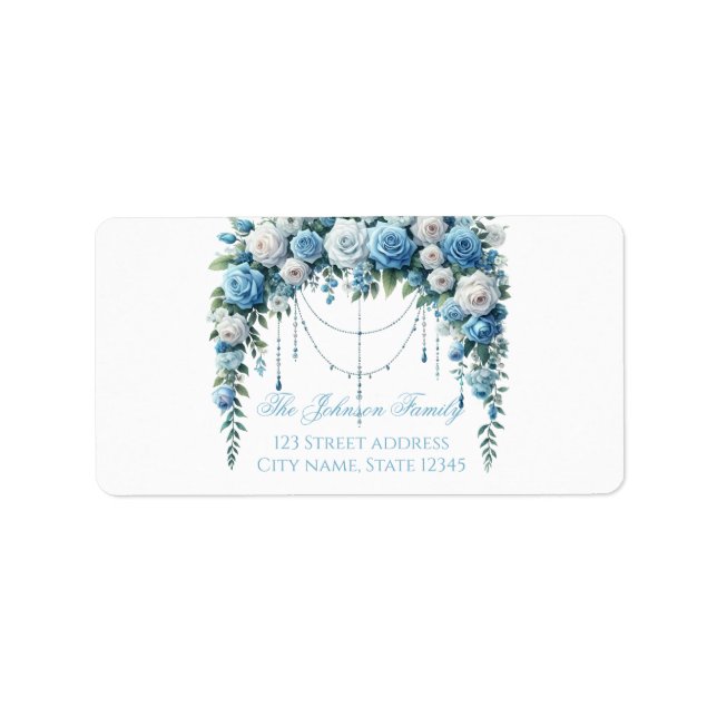 Blue Rose & Silver Cross Baptism Return Address  Adressaufkleber (Vorne)