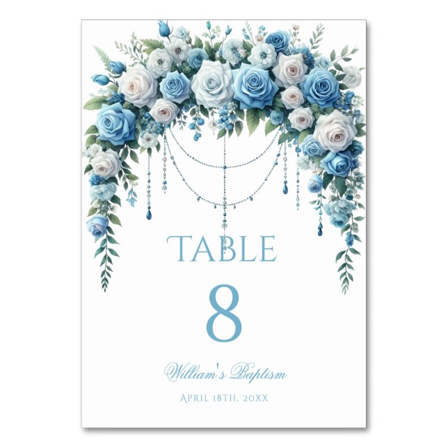 Blue Rose & Silver Cross Baptism Table Number Tischnummer (Vorderseite)