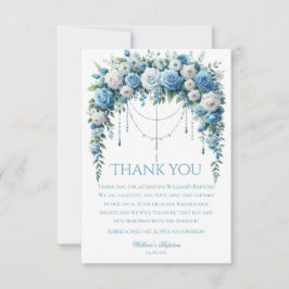 Blue Rose & Silver Cross Baptism Thank You Card Dankeskarte