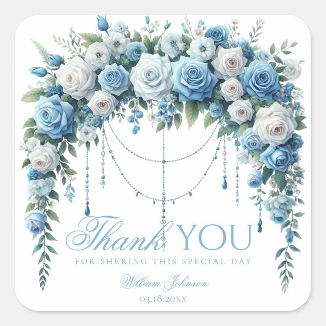 Blue Rose & Silver Cross Baptism Thank You Sticker (Vorderseite)