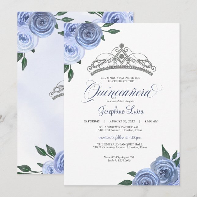 Blue Rose Silver Floral Quinceañera Birthday Invi Einladung (Vorne/Hinten)