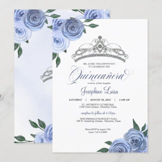 Blue Rose Silver Floral Quinceañera Birthday Invi Einladung
