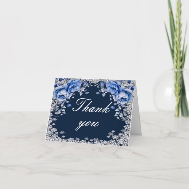 Blue Rose Snowflake Weihnachten Hochzeit Dankeskarte (Vorderseite)