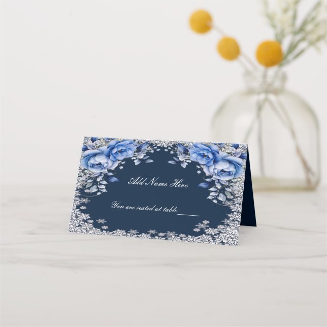 Blue Rose Snowflake Weihnachten Hochzeit Platzkarte (Vorderseite)