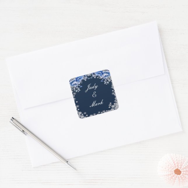 Blue Rose Snowflake Weihnachten Hochzeit Siegel Quadratischer Aufkleber (Umschlag)