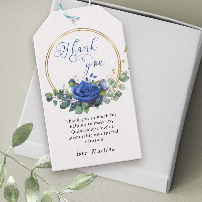 Blue Rose und Eukalyptus Vielen Dank für Ihre Unte Geschenkanhänger (Elegant Quinceanera favor tags with thank you message. Blue rose floral arrangement in gold frame.)