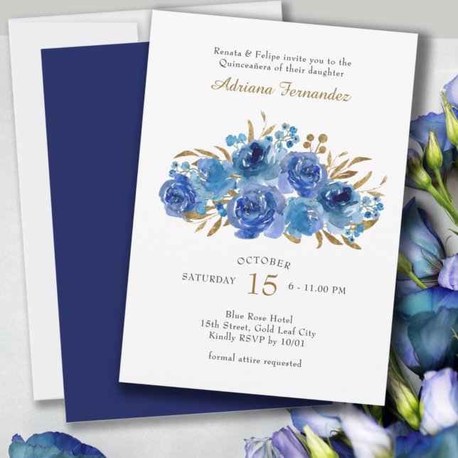 Blue Rose und Gold Leaf Quinceanera Einladung (Von Creator hochgeladen)