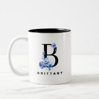 Blue Rose Watercolor Floral Letter B Monogramm Zweifarbige Tasse
