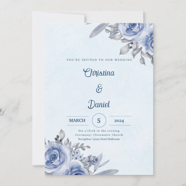 Blue Rose Watercolor Hochzeitseinladungen Einladung (Vorderseite)