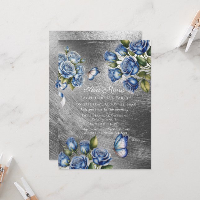 Blue Roses Butterfly Silver Bachelorette Party Einladung (Vorderseite/Rückseite Beispiel)