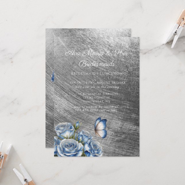 Blue Roses Butterfly Silver Bridesmaids Luncheon Einladung (Vorderseite/Rückseite Beispiel)