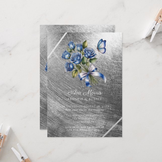 Blue Roses Butterfly Silver Brunch & Bubbly Einladung (Vorderseite/Rückseite Beispiel)