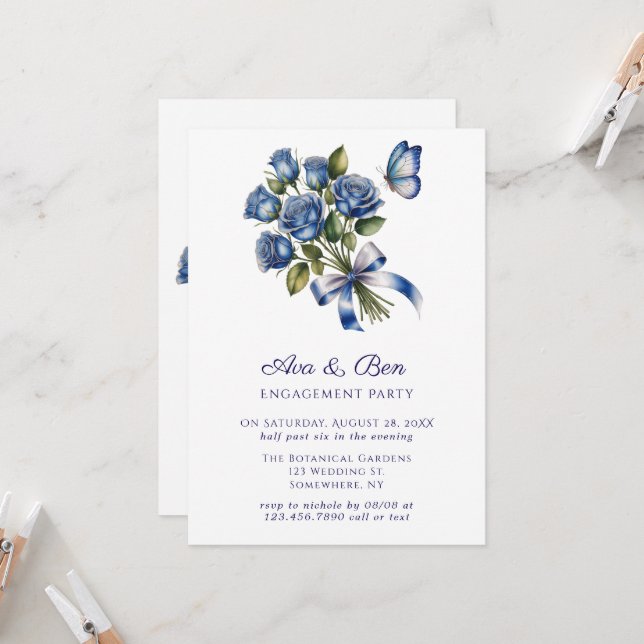 Blue Roses Butterfly Silver Engagement Party Einladung (Vorderseite/Rückseite Beispiel)