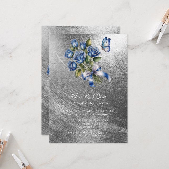 Blue Roses Butterfly Silver Engagement Party Einladung (Vorderseite/Rückseite Beispiel)