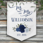 Blue Roses Rustic Boho Chic Mr. & Mrs. Wedding Wimpel<br><div class="desc">This pennant flag is beautiful, stylish, and fun. Designed to celebrate the newlyweds, it features an elegant boho chic design with a cluster of hand painted watercolor roses in shades of dusty blue, navy, and indigo. The text reads: Mr. and Mrs. with the couple's last name as well as a...</div>