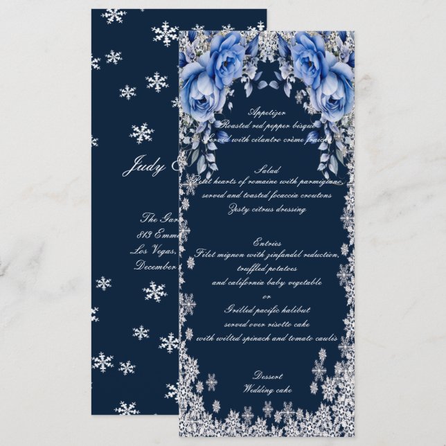 Blue Roses Snowflake Noël Mariage Menu (Devant / Derrière)