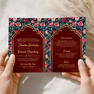 Blue Rote Rosen Floral Gold Indian Wedding Einladung