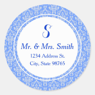 Blue Round Damask Address Label Runder Aufkleber