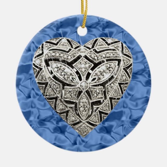 Blue Round Elegante Designer Herz Keramikornament (Vorne)