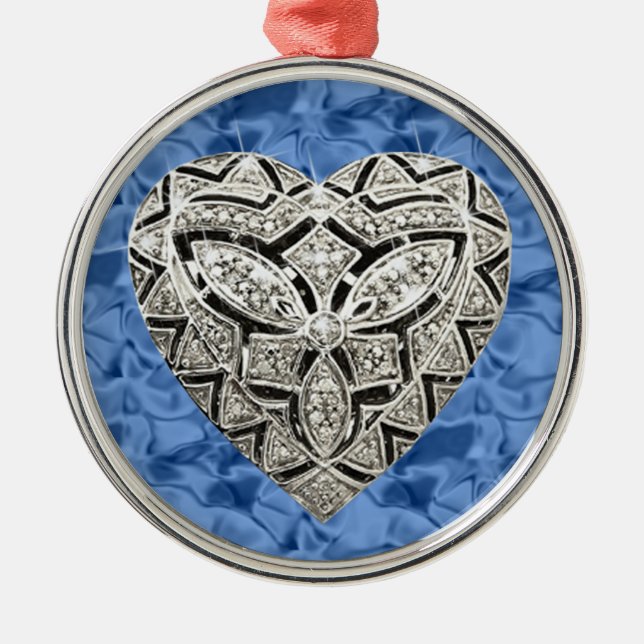 Blue Round Elegante Designer Herz Ornament Aus Metall (Vorne)