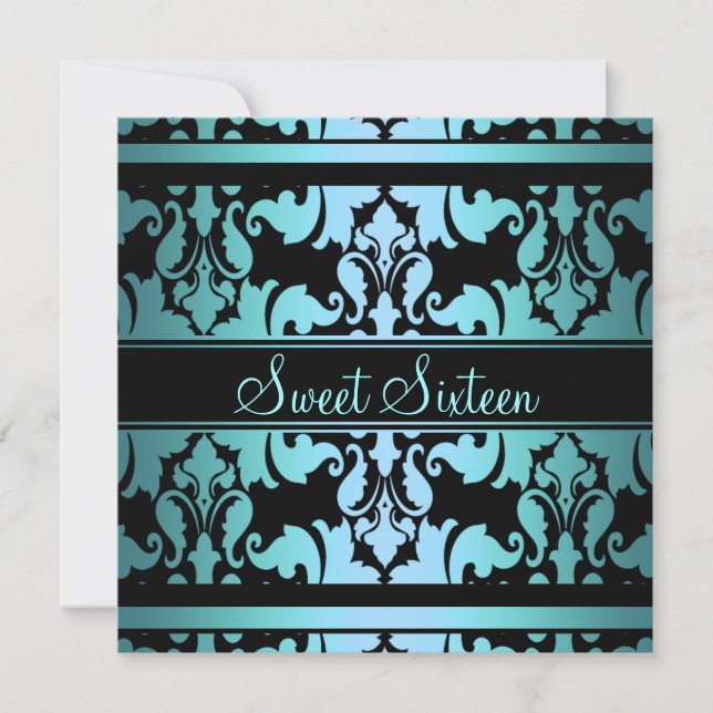 Blue Royal Damask Sweet16 Birthday Invite Einladung (Vorderseite)