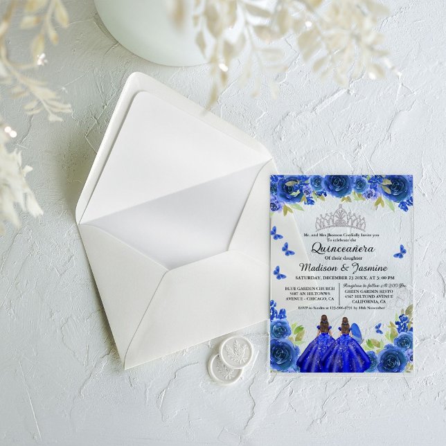 Blue Royal Floral Butterfly Twin Quinceanera Acryleinladungen (Von Creator hochgeladen)