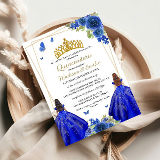 Blue Royal Floral Butterfly Twin Quinceanera Einladung