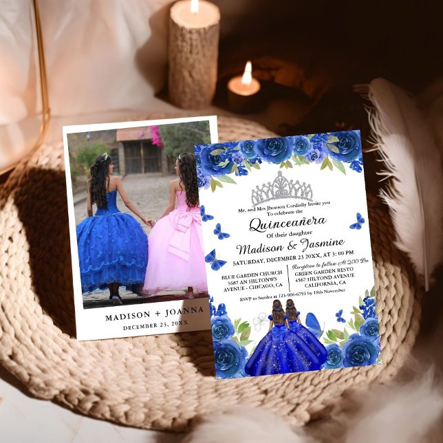 Blue Royal Floral Butterfly Twin Quinceanera Einladung (Von Creator hochgeladen)