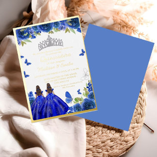 Blue Royal Floral Butterfly Twin Quinceanera Folieneinladung
