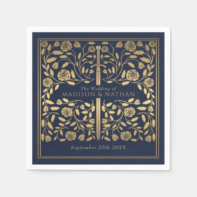 Blue Royal Medieval Gold Sword Wedding Serviette (Vorderseite)