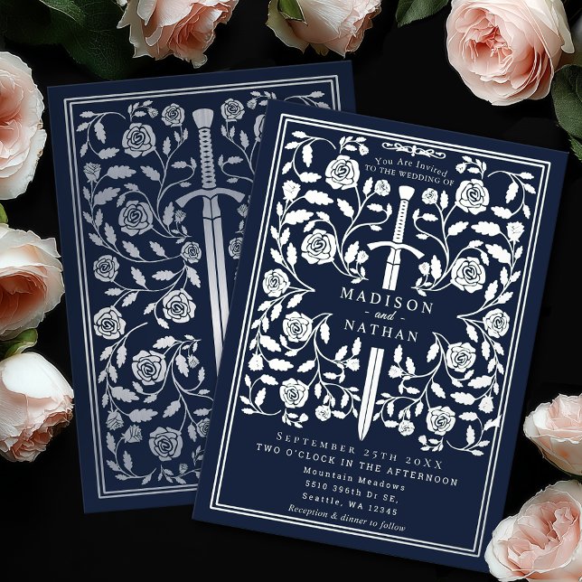 Blue Royal Medieval Silver Sword Wedding Folieneinladung (Von Creator hochgeladen)