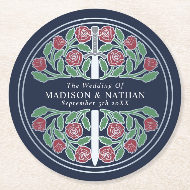 Blue Royal Medieval Silver Sword Wedding Runder Pappuntersetzer (Vorderseite)