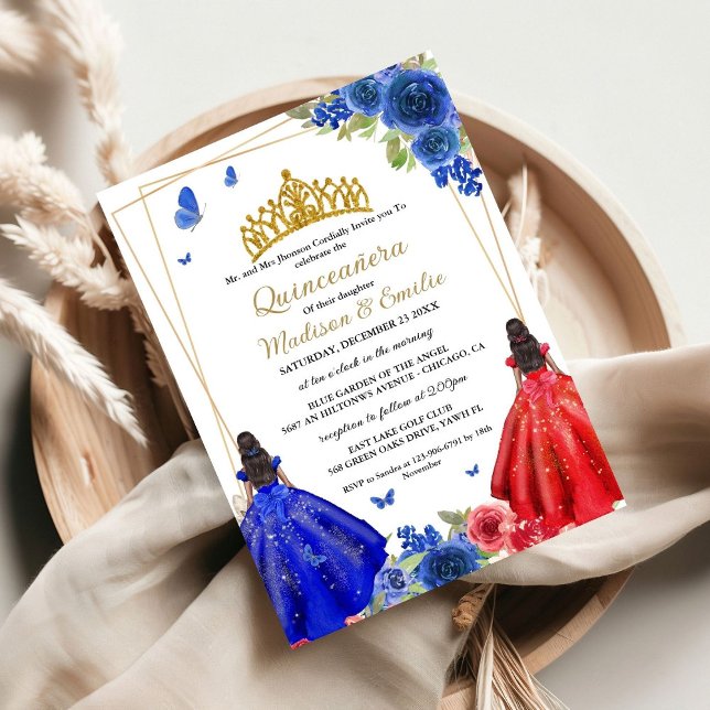 Blue Royal & Red Butterfly Twin Quinceanera Einladung (Von Creator hochgeladen)