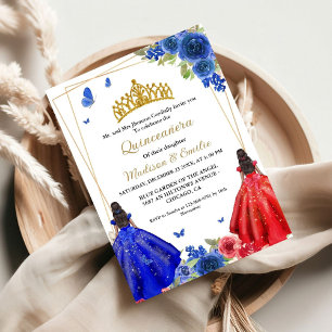 Blue Royal & Red Butterfly Twin Quinceanera Einladung
