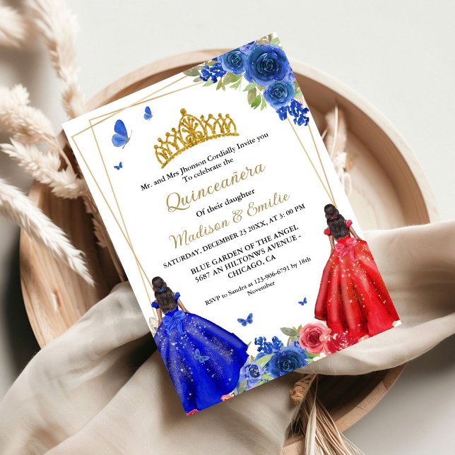 Blue Royal & Red Butterfly Twin Quinceanera Einladung (Von Creator hochgeladen)