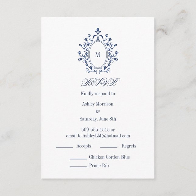 BLUE RSVP card Monogram With 2 Entree Choice Begleitkarte (Vorderseite)