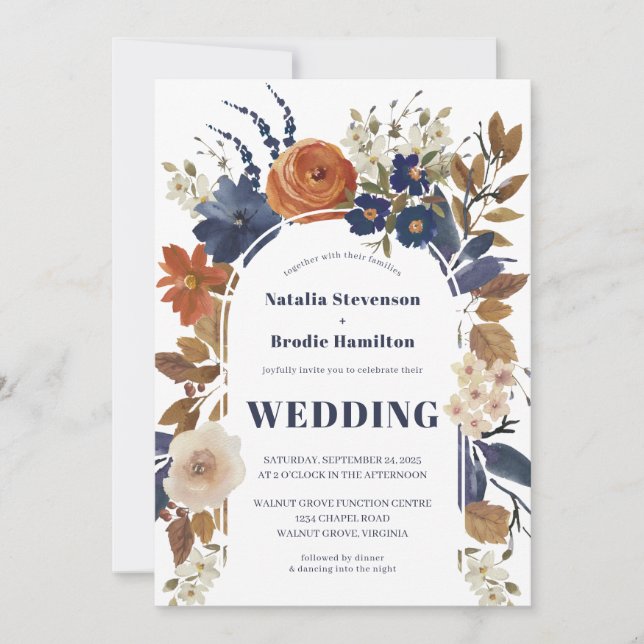 Blue Rust Floral Boho Hochzeitseinladung Einladung (Vorderseite)