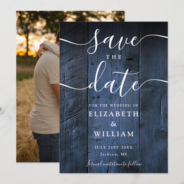 Blue Rustic Barn Wood Boho Chic Foto Hochzeit Save The Date (Vorne/Hinten)