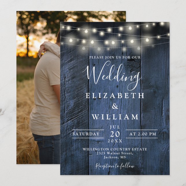 Blue Rustic Barn Wood String Lights Foto Hochzeit Einladung (Vorne/Hinten)