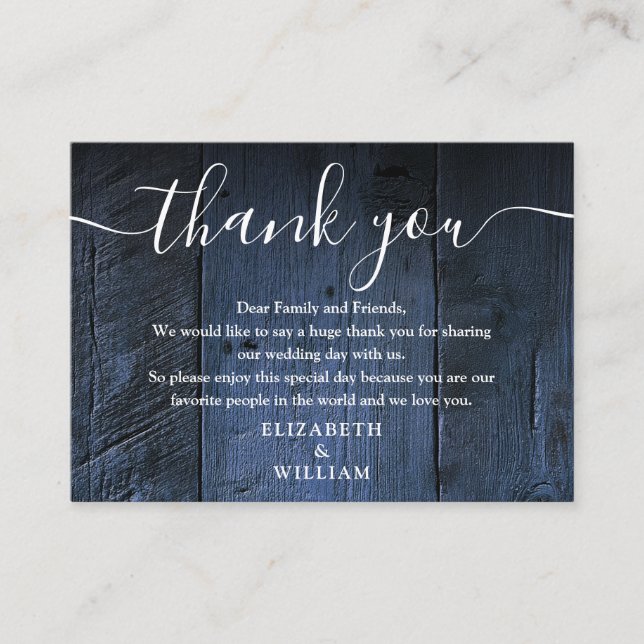 Blue Rustic Barn Wood Wedding Vielen Dank Platzkarte (Vorderseite)