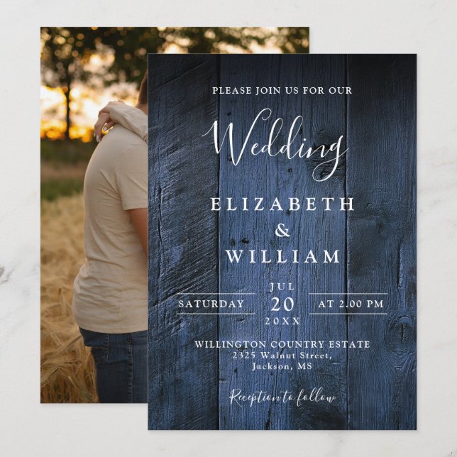 Blue Rustic Boho Barn Wood Foto Wedding Einladung (Vorne/Hinten)