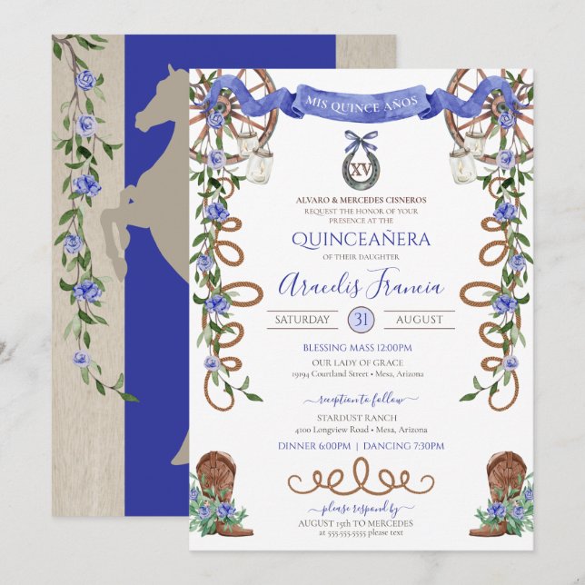 Blue Rustic Boho Western Charra Theme Quinceanera Einladung (Vorne/Hinten)