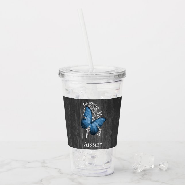Blue Rustic Butterfly Personalisiert Acrylic Tumbl Acryltrinkbecher (Vorderseite Ice)