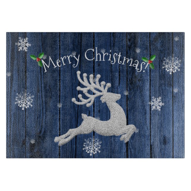 Blue Rustic Christmas Reindeer Cutting Board Schneidebrett (Vorderseite)