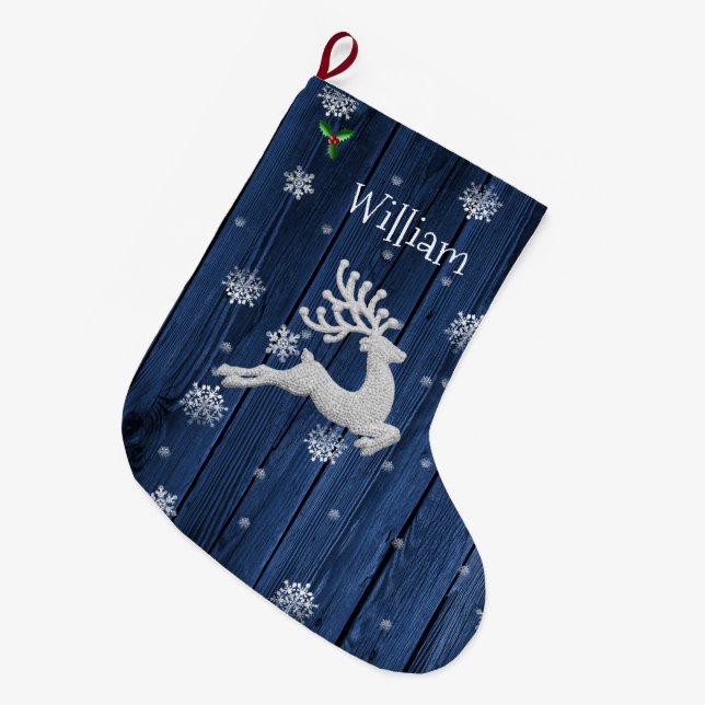 Blue Rustic Christmas Reindeer Strumpf Großer Weihnachtsstrumpf (Vorderansicht (hängend))