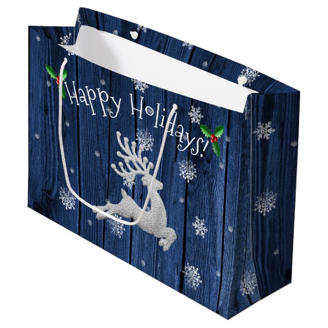 Blue Rustic Christmas Rentier Geschenktasche Große Geschenktüte (Vorderseite Schrägansicht)