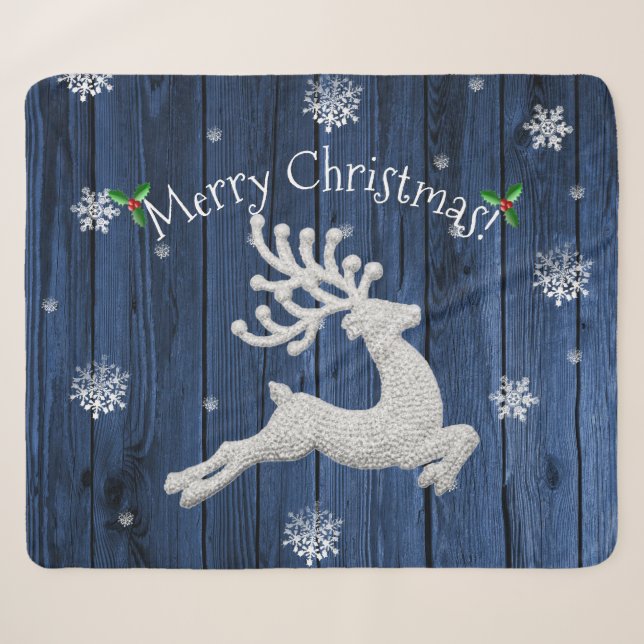 Blue Rustic Christmas Rentier Sherpa Blanket Sherpadecke (Vorderseite (Horizontal))